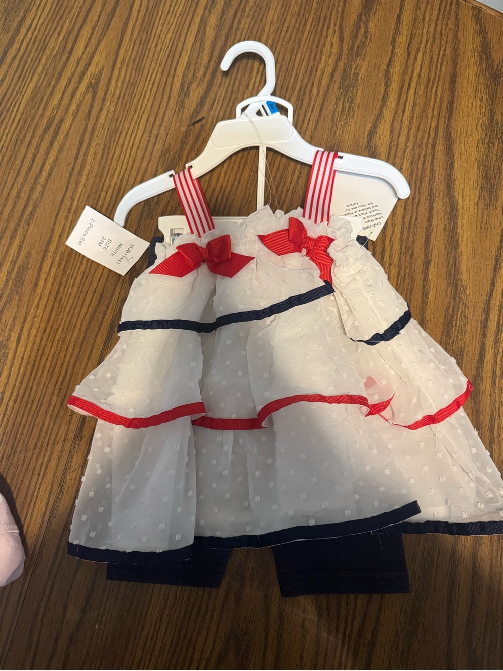 Blueberi Boulevard White top and pants with Red Trim and Navy Accents